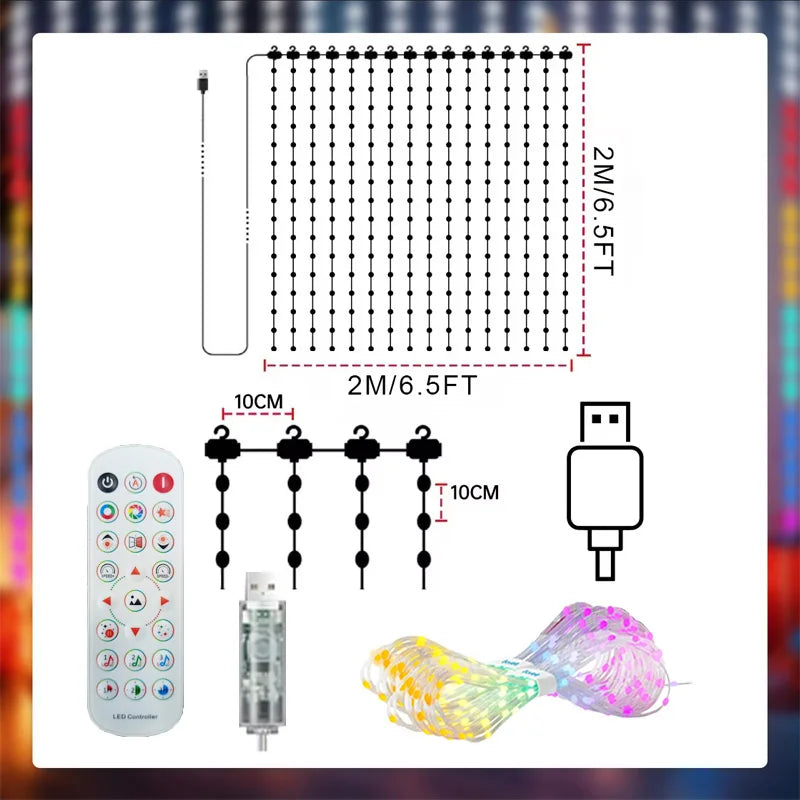 2M-6.6ft-400LEDS Emitting Color Smart LED Curtain Fairy Lights App Control Music Sync